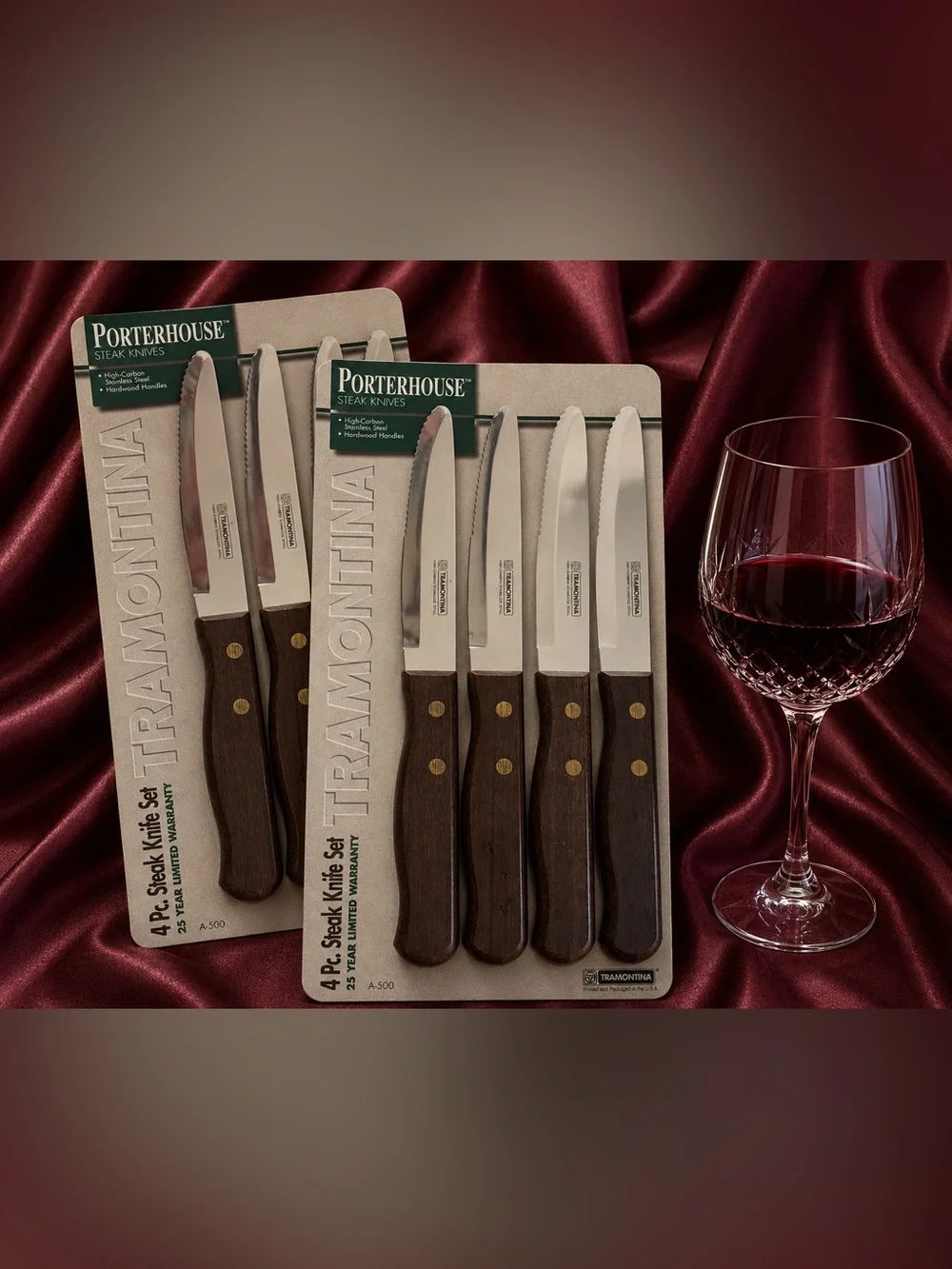 Tramontina Brand Porterhouse 8 Piece JUMBO SIZE Wood Handle Steak Knives Set NEW